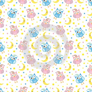 Good Night seamless pattern with cute sleeping owls, moon, stars and clouds. Sweet dreams background. Vector