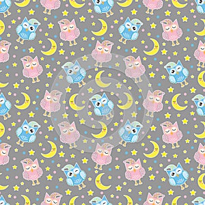 Good Night seamless pattern with cute sleeping owls, moon, stars and clouds. Sweet dreams background. Vector