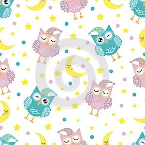 Good Night seamless pattern with cute sleeping owls, moon, stars and clouds. Sweet dreams background. Vector illustration