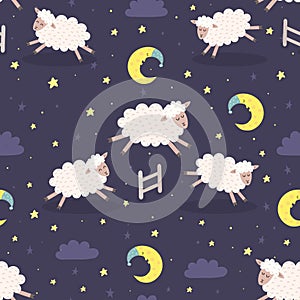 Good night seamless pattern with sheeps jumping over a fence