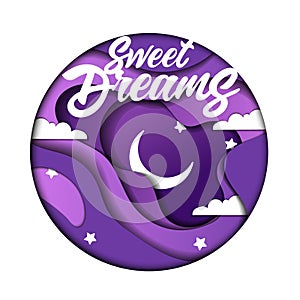 Good Night, Sleep Well, Sweet Dreams Concept. Minimalistic Layered Paper Cut Design Purple Round Logo With Clouds, Moon