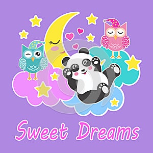 Good night and sweet dreams card with sleeping owls, cute panda bear, clouds, moon and stars. Vector illustration. Eps