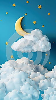 Good night and sweet dreams. Moon, stars and white clouds on vertical blue background. Phone wallpaper