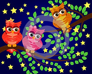 Good Night and Sweet dreams.Night scene with moon,stars and owl.Owl on the branch.Moon made from stars.