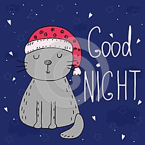 Good night vector card with cute Funny Cartoon cat .