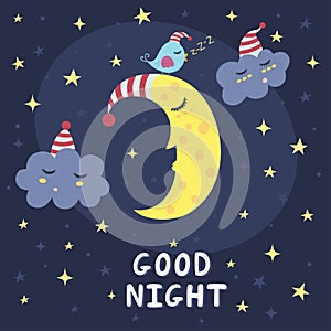 Good night vector card with the cute sleeping moon, clouds and a bird