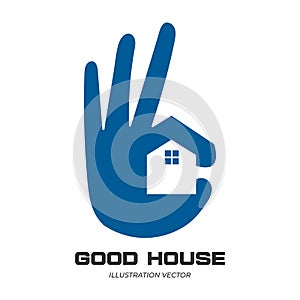 Good OK Hand Gesture with Home House for Real Estate Property Symbol Icon