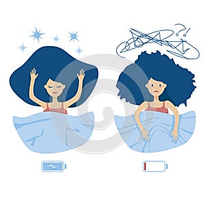 Good sleep and insomnia woman character concept. Happy girl with sweet dreams in bed and emaciated sleepless lady with falling