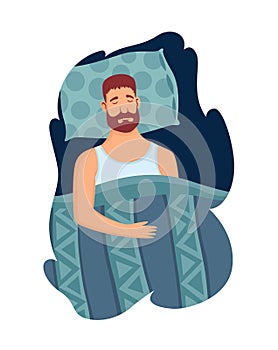 Good sleep rules and man sleeps on pillow vector illustration. Template healthy sleep. Good night relaxation. Helpful photo