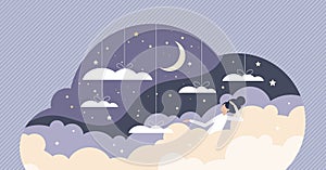 Good sleep scene with sweet dreams between clouds in sky tiny person concept
