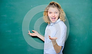 Good teacher master of simplification. Woman teacher in front of chalkboard. Teacher explain hard topic. Important