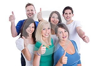 Good team work with happy thumbs up man and woman isolated on white background