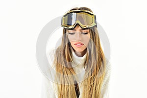 Good time. It is so cold. Happy winter holidays. Winter sport and activity. Girl in ski or snowboard wear. woman in