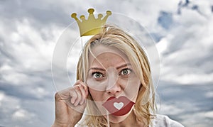 So good to be queen. Lady princess posing cheerful with yellow crown. Dream of every girl to become queen. Woman blonde