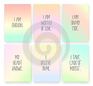 Good vibes, affirmations cards of self love on rainbow coloured backgrounds