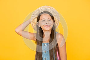 Good vibes. Beach style for kids. Little beauty in straw hat. Fancy vacation outfit. Teen girl summer fashion. Summer
