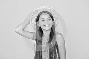 Good vibes. Beach style for kids. Little beauty in straw hat. Fancy vacation outfit. Teen girl summer fashion. Summer