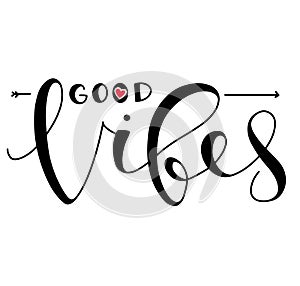 Good vibes only, black text with red heart isolated on white background. Lettering for posters, photo overlays, greeting