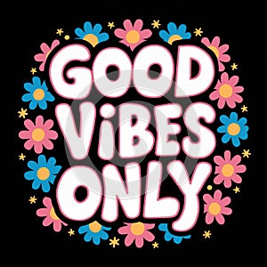 Good Vibes Only Slogan with Vibrant Flowers on Black Background