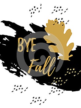 Goodbye Autumn golden lettering typography design with black leaves