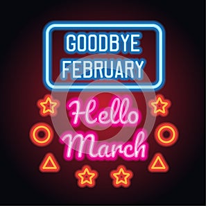 Goodbye february hello march spring text sign with frame, vector
