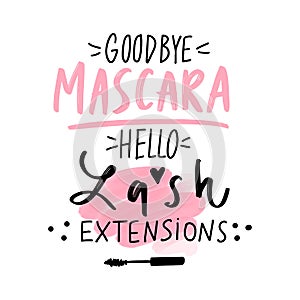 Goodbye mascara, hello lash extensions. Vector Hand sketched Lashes quote.