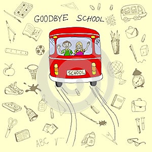 Goodbye school concept, school bus and children in it with hand