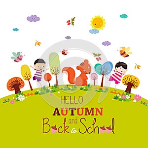 Goodbye summer. enjoy autumn happy smiling girls and boys ground round background