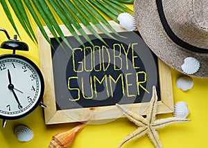 Goodbye Summer Text. Alarm Clock, Starfish, Fedora Hat, Palm Lea