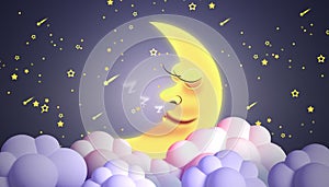 cartoon moon on soft pastel clouds, stars and clouds the violet curtain. Good night and sleep tight lullaby theme.