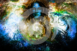 Goodnes woman and animals and symbol Yin Yang. Cosmic Space background.