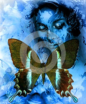 Goodnes woman and color butterfly, mixed medium, abstract color background.