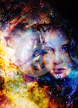 Goodnes woman and lion. Cosmic Space background.