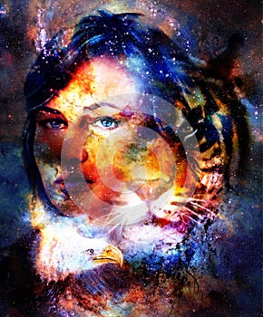 Goodnes woman and tiger and eagle. Cosmic Space background.