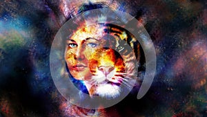 Goodnes woman and tiger and ornament. Cosmic Space background. Loop Animation.