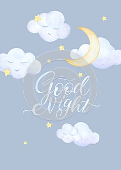 Goodnight Baby Letter Poster. Watercolor Night Sky Moon Illustrations