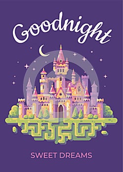 Goodnight card with a fairy tale castle flat illustration.