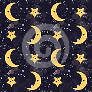 Goodnight seamless pattern with halfmoon and star, colorful background, children`s wallpaper