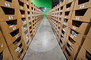 Goods in aisles of picking shelves in warehouse depot