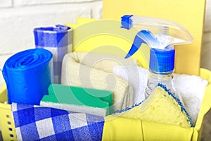 Goods for cleaning. Accessories supplies for housework and cleanliness and order. Cleaning products