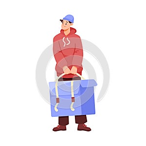 Goods Delivery with Man Carrier or Courier in Cap Working Carry Bag Vector Illustration photo