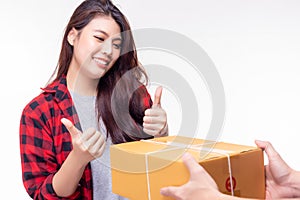 Goods delivery send package to beautiful woman very quickly. It send from foreign country. Attractive beautiful girl get satisfied