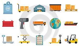 Goods export icons set, flat style