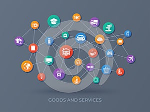 Goods and services. Icons set. Payment of goods, services, utility, restaurant. Shopping Marketing Delivery.