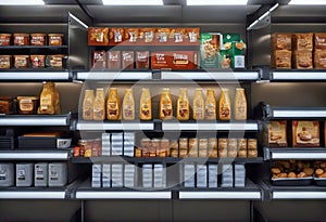 goods shelves mock Supermarket rendering store shelf display empty shop background blank template perspective grocery market