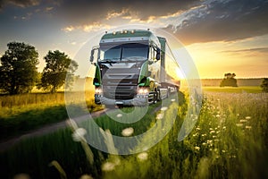 Goods truck driving in rural road at sunset. Farm field background.