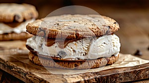 Gooey Chocolate Chip Cookie Ice Cream Sandwich on Wooden Table