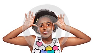 Goofy, funny and portrait of black girl in a studio with tongue out for crazy facial expression. Comedy, joke and young