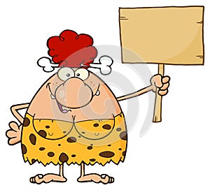 Goofy Red Hair Cave Woman Cartoon Mascot Character Holding A Wooden Board.