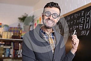 Goofy science teacher wearing bifocals